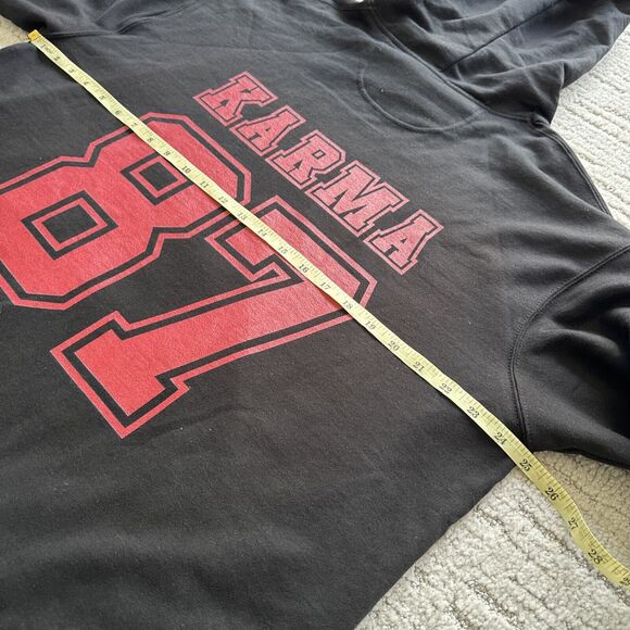 Solid Front, with "Karma 87" on The Back Mens Sweater Hoodie Sz XL Hooded Black - Picture 7 of 7